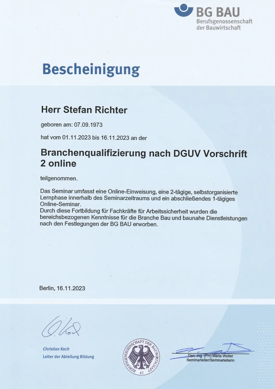 Zertifikat Fachkraft für Arbeitssicherheit, BG BAU