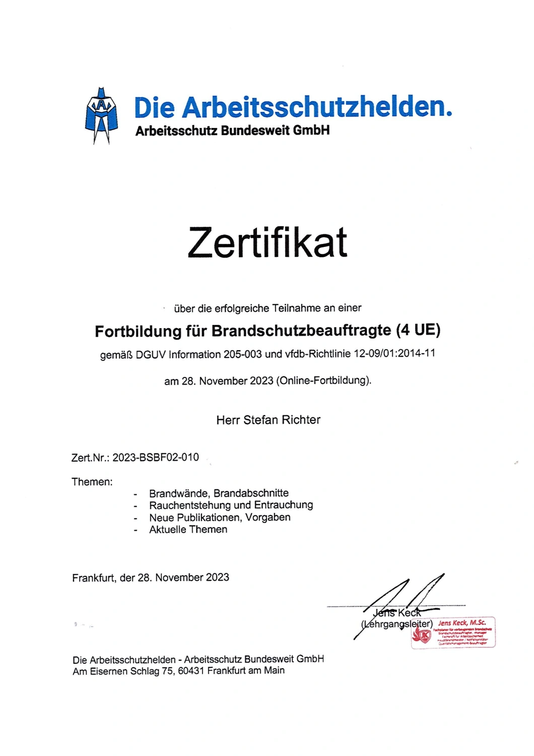 Zertifikat BSH-Fortbildung November 2023