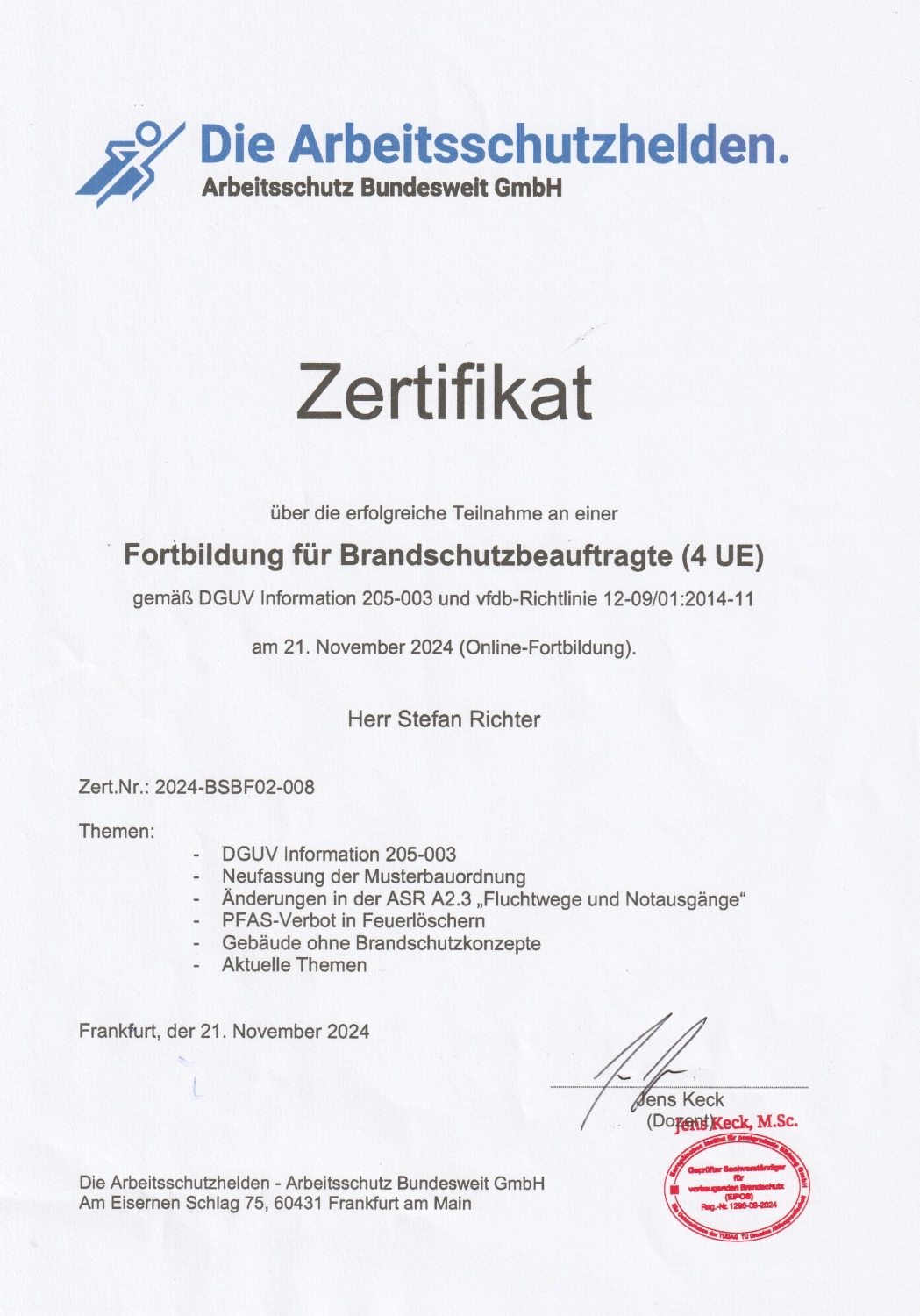 Zertifikat BSH-Fortbildung November 2024