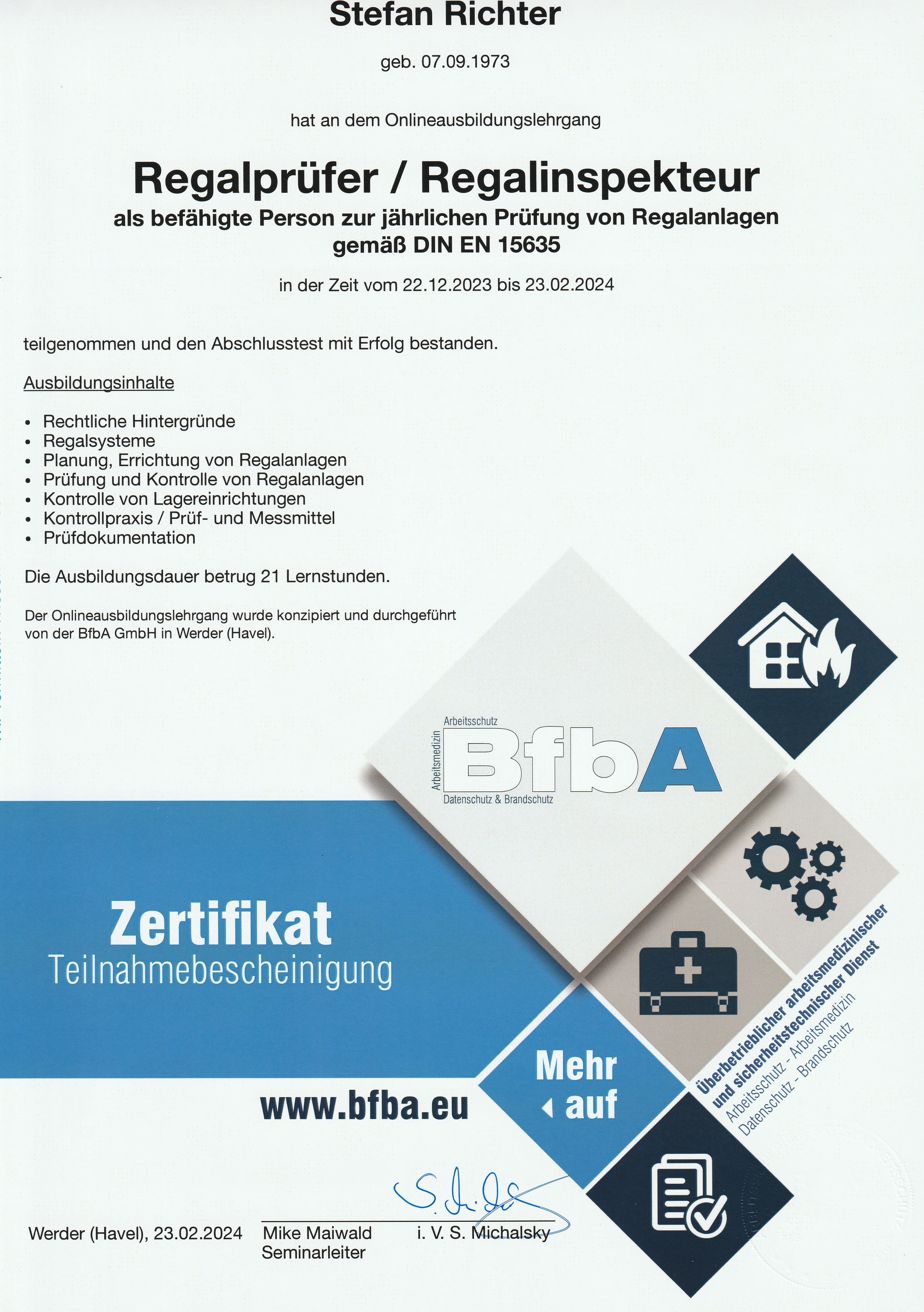 Zertifikat Regalprüfer und Regalinspekteur